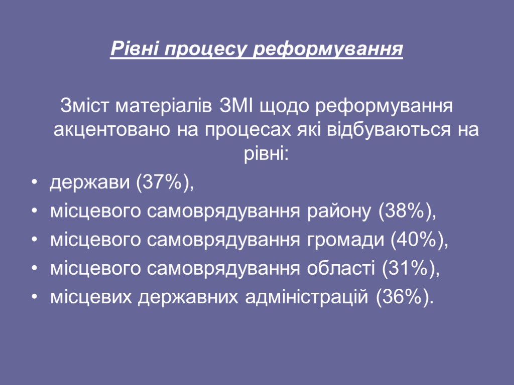 Рівні процесу реформування Зміст матеріалів ЗМІ щодо реформування акцентовано на процесах які відбуваються на